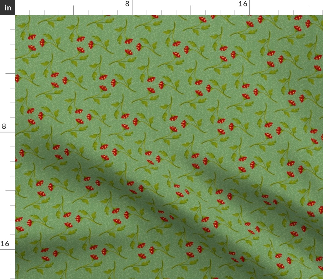 Retro Tossed Red Flower Sprigs on Green Squiggles