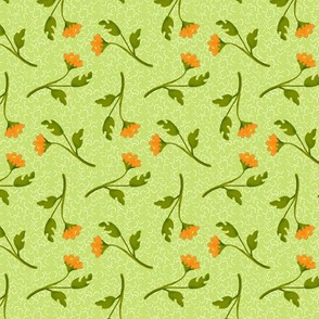 Retro Tossed Orange Flower Sprigs on Celery Green