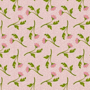 Retro Tossed Pink Flower Sprigs on Pink Squiggles