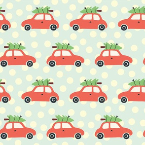 Vintage Christmas trees on car roof blue