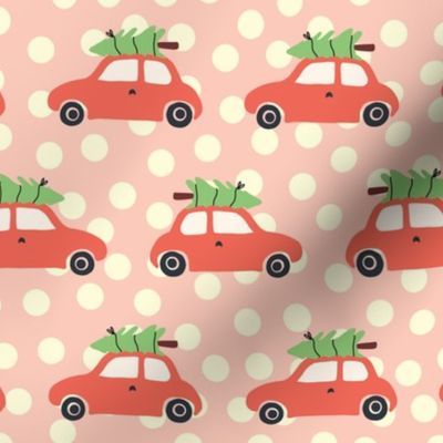 Vintage Christmas trees on car roof pink