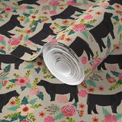 SMALL - steer floral fabric show steer cows farm barn fabric florals design - sand