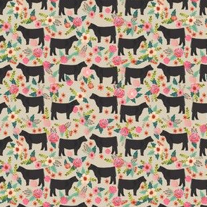 SMALL - steer floral fabric show steer cows farm barn fabric florals design - sand