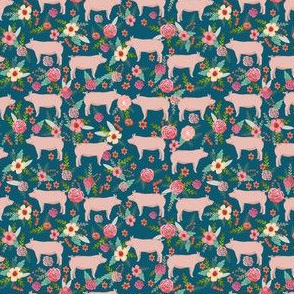 SMALL - pigs and florals fabric farmyard animals farm fabrics - sapphire