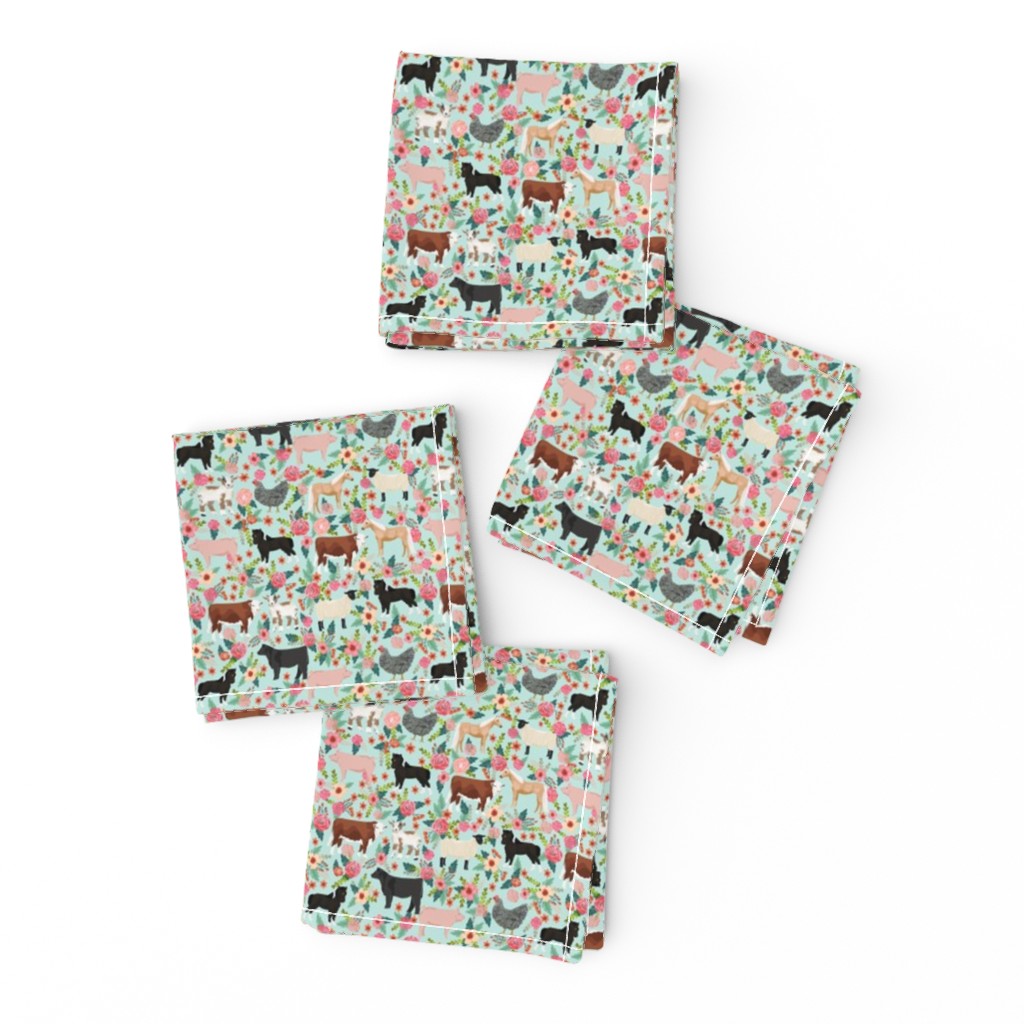 SMALL - Farm animals cow sheep goat chicken floral fabric mint