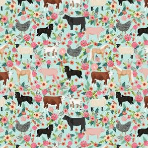 SMALL - Farm animals cow sheep goat chicken floral fabric mint