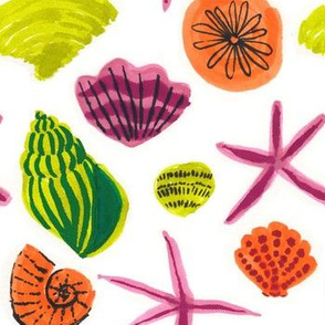 Neon bright shells | ocean summer beach conch scallop oyster starfish seashells pattern 