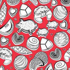 Normal scale // Mexican Sweet Bakery Frenzy // red background black and white pan dulce