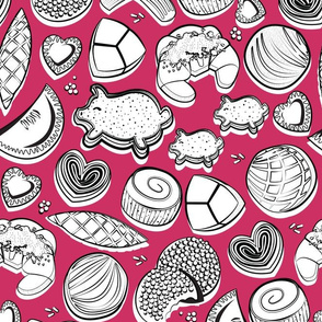 Normal scale // Mexican Sweet Bakery Frenzy // pink background black and white pan dulce