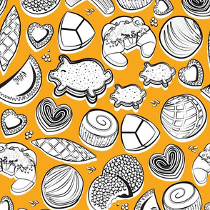 Normal scale // Mexican Sweet Bakery Frenzy // yellow mustard background black and white pan dulce