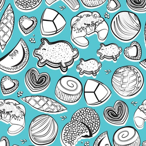 Normal scale // Mexican Sweet Bakery Frenzy // blue background black and white pan dulce