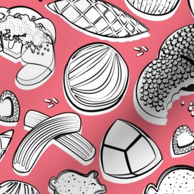 Normal scale // Mexican Sweet Bakery Frenzy // rose pink background black and white pan dulce