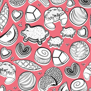 Normal scale // Mexican Sweet Bakery Frenzy // rose pink background black and white pan dulce