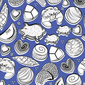 Normal scale // Mexican Sweet Bakery Frenzy // denim blue background black and white pan dulce