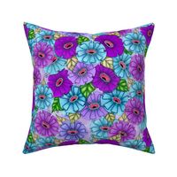 Zinnias in teal and purple