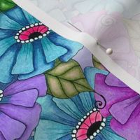 Zinnias in teal and purple