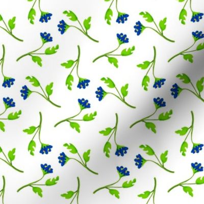 Retro Tossed Flower Sprigs Blue on White