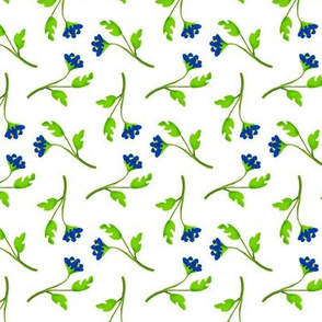 Retro Tossed Flower Sprigs Blue on White