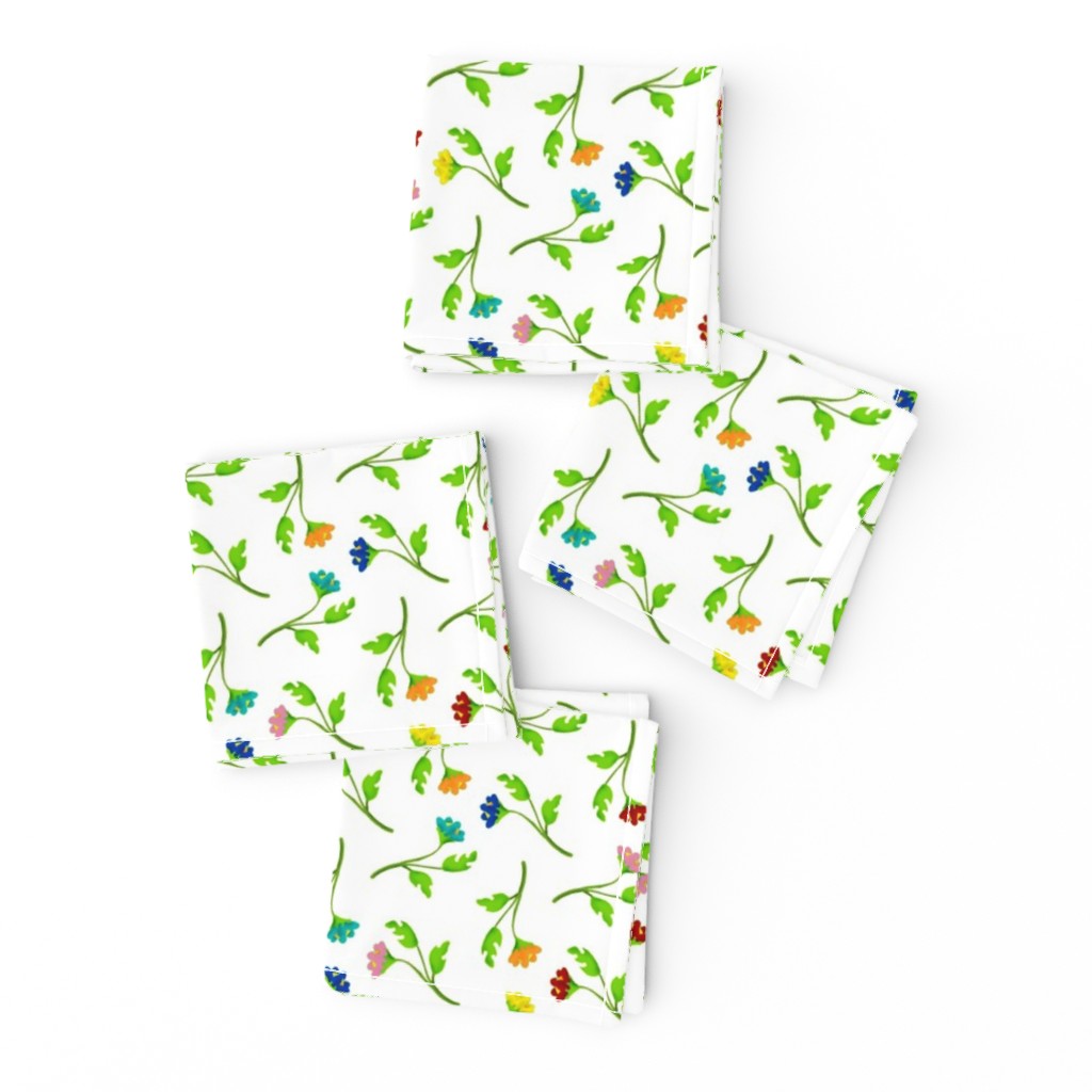 Retro Tossed Flower Sprigs Multicolor on White