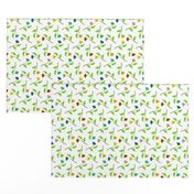 Retro Tossed Flower Sprigs Multicolor on White