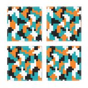 Color blocks teal orange black pixels