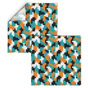 Color blocks teal orange black pixels