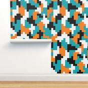 Color blocks teal orange black pixels