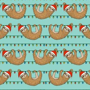 christmas sloth // cute xmas holiday christmas fabric, sloth, father christmas, santa claus, cute animals - blue