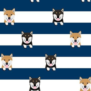 shiba inu stripes fabric - cute black and tan and tan dog, dogs, pets, pet dog fabric - navy
