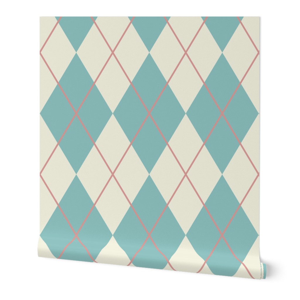 Retro Argyle diamonds check pastel teal cream orange