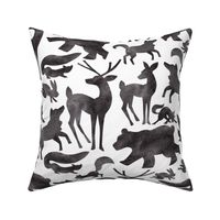 Happy Camping Woodland Forest Animals on White - Deer, Wolf, Rabbit, Squirrel, Fox, Skunk and Bear
