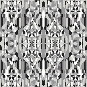 Black and white geometric, abstract on dark gray background, small scale
