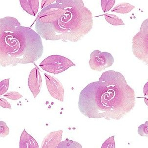 Watercolor pink roses on white background