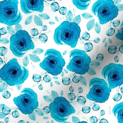 Watercolor blue flowers on white background