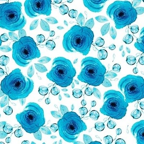 Watercolor blue flowers on white background