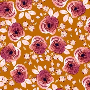 Watercolor dark pink flowers on dark orange background