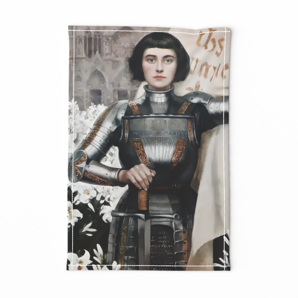 2 custom bigger Joan of Arc Jeanne d'Arc The Maid of Orléans french france heroine woman lady warrior soldier lily lilies white flowers floral sword armor famous historical history knight fighter castles flags medieval  flags banner 15th century saint mid