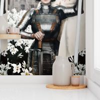 2 custom bigger Joan of Arc Jeanne d'Arc The Maid of Orléans french france heroine woman lady warrior soldier lily lilies white flowers floral sword armor famous historical history knight fighter castles flags medieval  flags banner 15th century saint mid