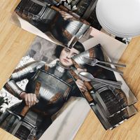 2 custom bigger Joan of Arc Jeanne d'Arc The Maid of Orléans french france heroine woman lady warrior soldier lily lilies white flowers floral sword armor famous historical history knight fighter castles flags medieval  flags banner 15th century saint mid