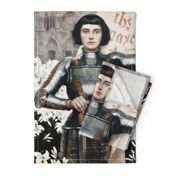 2 custom bigger Joan of Arc Jeanne d'Arc The Maid of Orléans french france heroine woman lady warrior soldier lily lilies white flowers floral sword armor famous historical history knight fighter castles flags medieval  flags banner 15th century saint mid