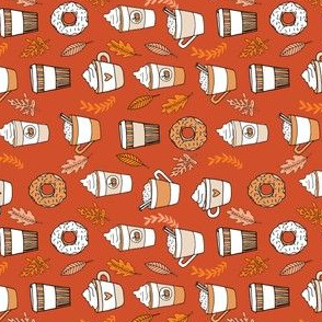 pumpkin spice latte fabric coffee and donuts fall autumn traditions rust - SMALL railroad