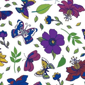 Passion flowers and butterflies - pink and purple on white
