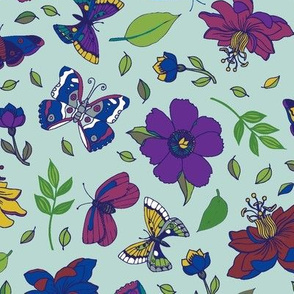 Passion flowers and butterflies - pink and purple on sky blue