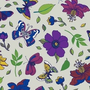Passion flowers and butterflies - pink and purple on grey
