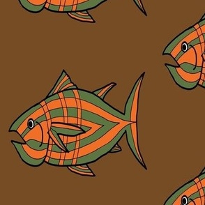 FI_7512_G “I’m Hungry Fish” of orange, green, three stripes on brown