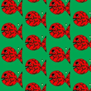 FI_7516_B “Deck the Halls with Bells of Holly Fish” red fish with emerald hunter green holly on green