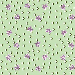 Half moon polkas with flowers purple on green