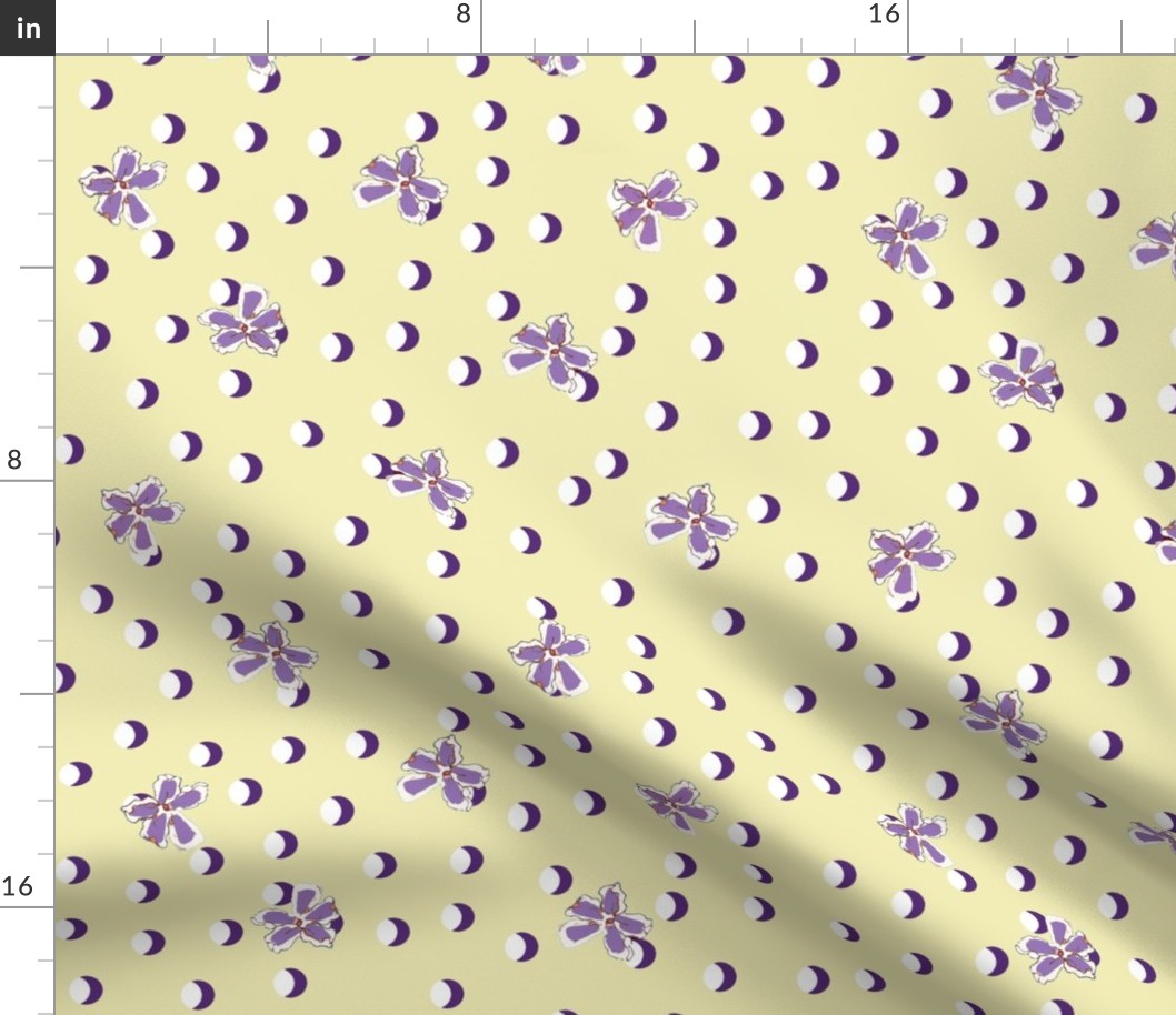 Half moon polkas with flowers purple on yellow