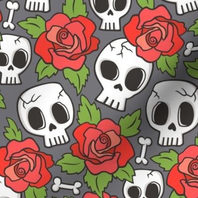 Skulls and Roses Red on Dark Grey