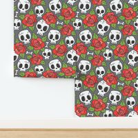 Skulls and Roses Red on Dark Grey